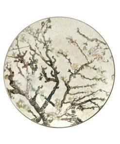 Декоративная фарфоровая настенная тарелка "Цветущие ветки миндаля"на серебряном фоне